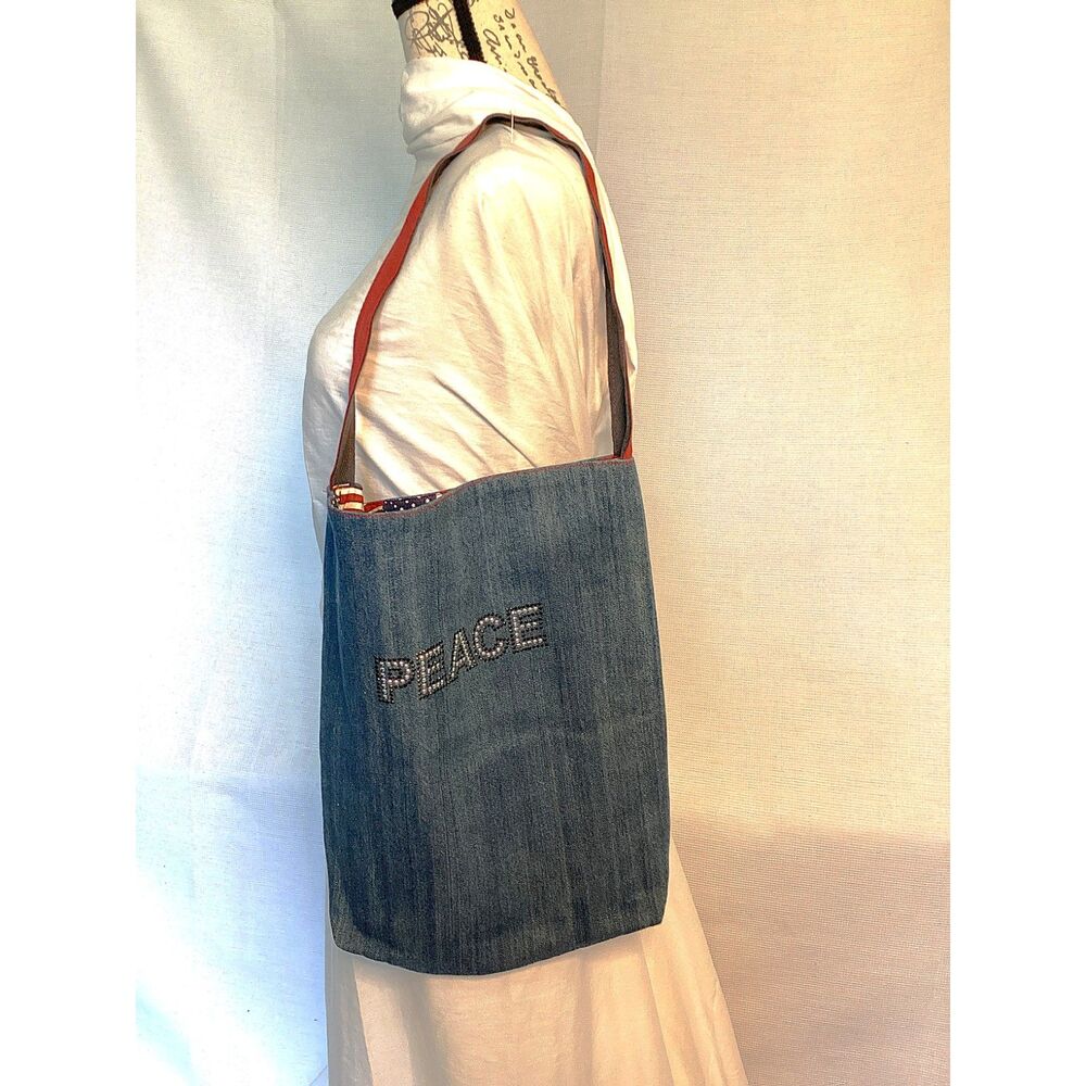 PEACE Denim Deep Slouch Shoulder Bag Open Top Fully Lined Tote NEW